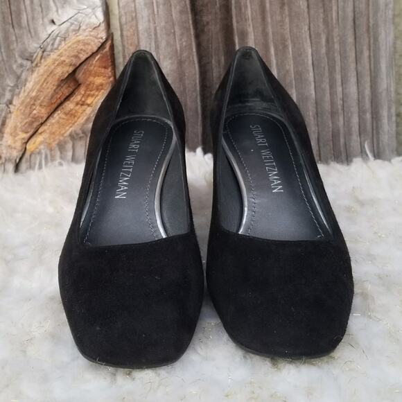 Classic Square Toe Pumps Stuart Weitzman Marymid Size 5 Black Suede Leather Heel - Picture 3 of 13
